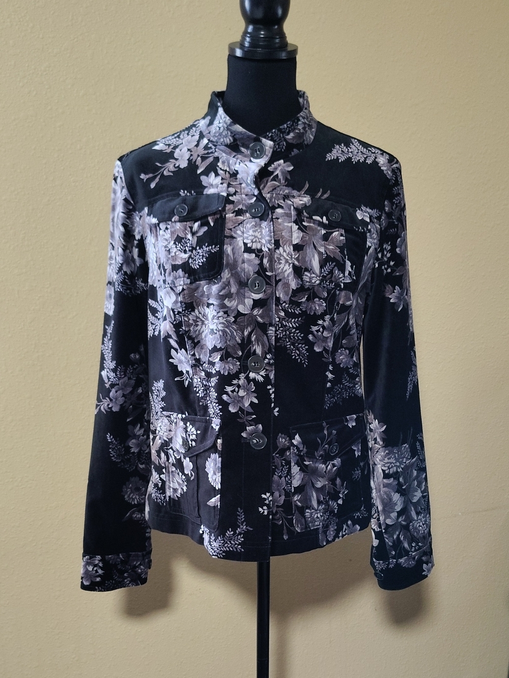 Covington Cotton Dark Floral Burnout Velvet Button Blazer Jacket Size L Grunge